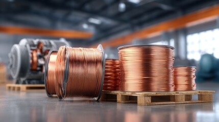 Large copper wire coils stacked on wooden pallets in industrial warehouse setting.