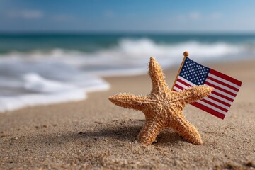 A starfish and American flag sit on a sandy beach with waves and a clear sky in the background
