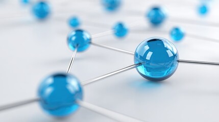 Close-up of interconnected blue molecular model with reflective spheres and connecting rods on a white background.