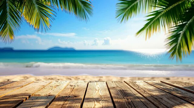 Wooden planks under palm trees overlooking a beautiful tropical beach with turquoise water.