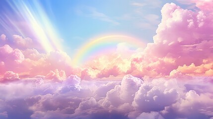 A dreamy sky filled with pink clouds, a radiant rainbow, and sun rays piercing through, creating a magical and serene atmosphere.