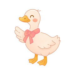 Cute duck with pink bow in cozy countryside