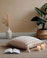 Digital Detox Retreat minimalist zen interior with cushion and candles, peaceful home retreat scene, cozy mindfulness corner