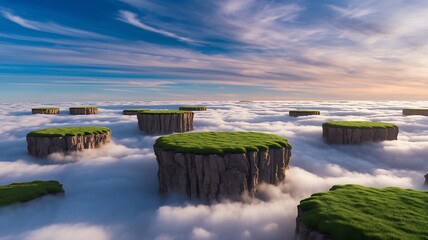 Digital Detox Retreat floating sky islands over clouds fantasy scene, dreamy grass cliff platforms, surreal magical horizon