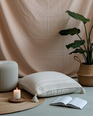 Digital Detox Retreat minimalist zen reading corner with cushion and candle, calming space for digital detox, peaceful interior design