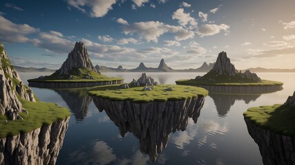 Digital Detox Retreat floating islands above water fantasy landscape, surreal nature horizon, magical sky mountains