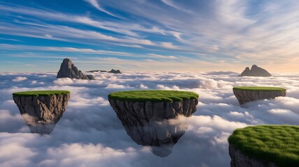 Digital Detox Retreat floating islands above clouds landscape, surreal fantasy sky view, peaceful dreamy mountain scene