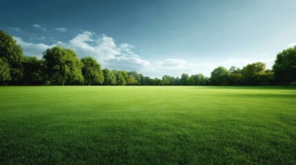Obraz premium Expansive lush green field with vibrant grass and tall trees under a bright blue sky.