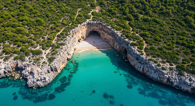Picturesque cove with turquoise waters and sandy beach surrounded by lush greenery