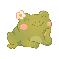 Smiling green frog with flower in cozy style