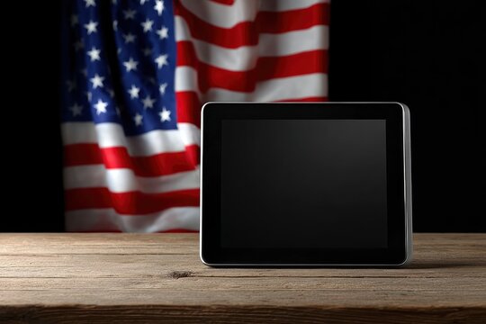 A tablet sits on a wooden surface against an outoffocus US flag backdrop