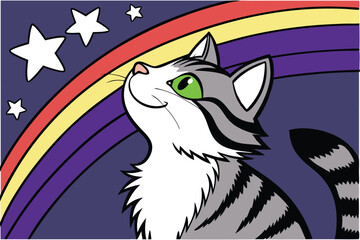 Playful cat illustration with a vibrant rainbow gradient background