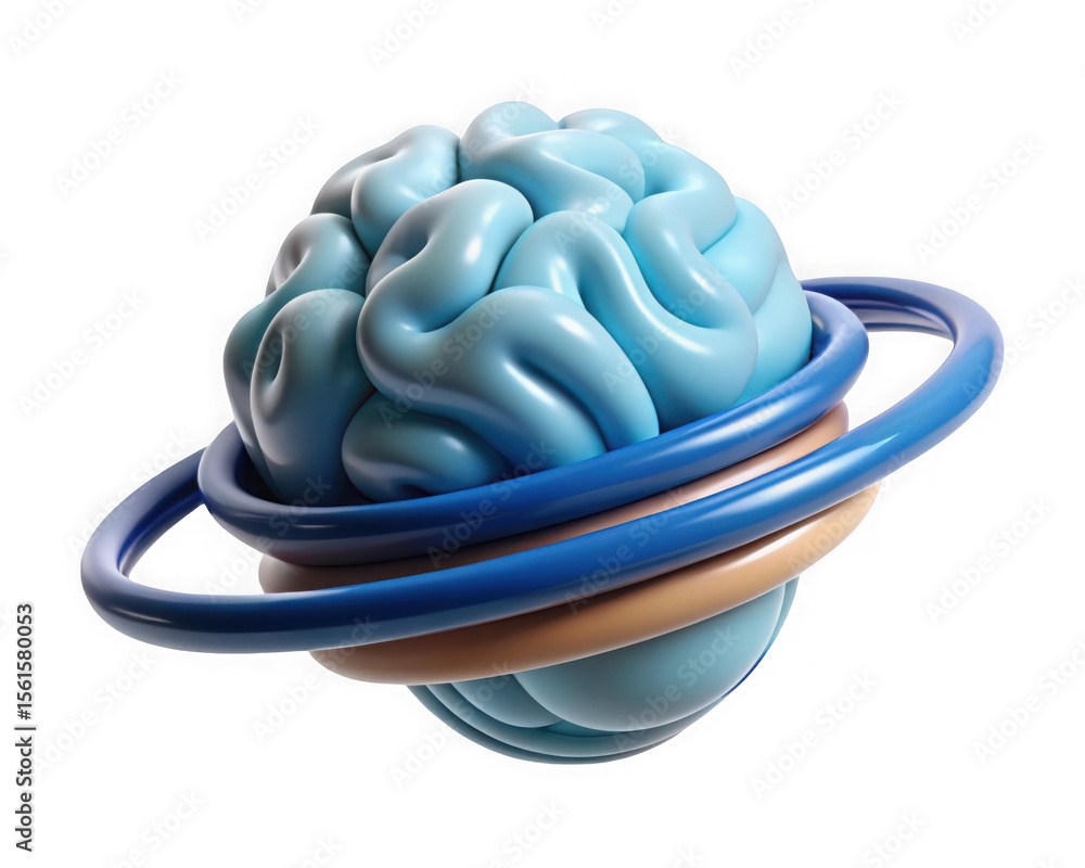Poster a blue 3d brain model orbiting within rings isolated on transparent background