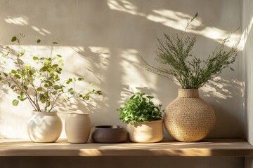 Round display with calming natural tones, plant details and dappled light effect