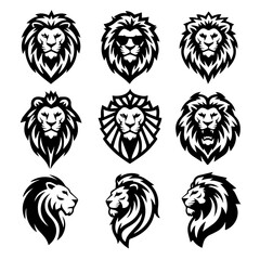 Vector illustration set of nine stylized black lion head designs in different expressions and angles, showcasing bold line art and intricate mane detailing on a white background.

