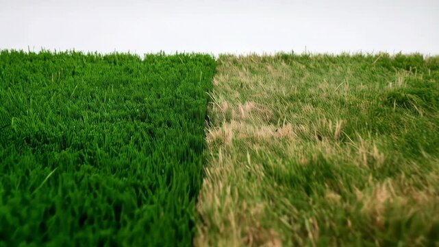 Comparison of lush green artificial turf and natural grass showing health and vibrant color differences in outdoor lawn settings.