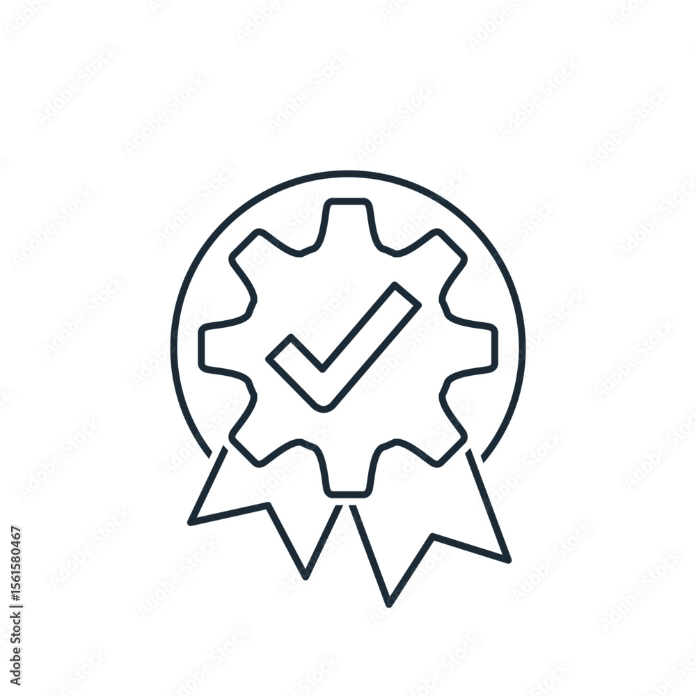 Poster mechanism with check mark and award ribbons. advanced tech. vector linear icon illustration isolated