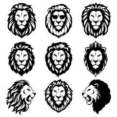Vector illustration set of nine stylized black lion head designs in different expressions and angles, showcasing bold line art and intricate mane detailing on a white background.

