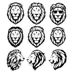 Vector illustration set of nine stylized black lion head designs in different expressions and angles, showcasing bold line art and intricate mane detailing on a white background.

