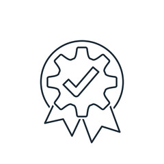 Mechanism with check mark and award ribbons. Advanced tech. Vector linear icon illustration isolated on white background.