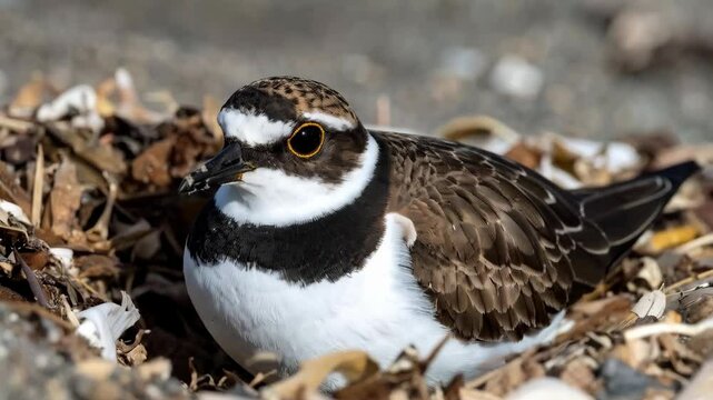 Close-up of a Killdeer Bird Nesting, Brown and White Feathers, Round Body, Black Beak, Speckled Head, Natural Camouflage, Coastal Habitat