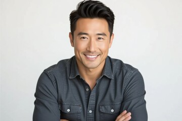 Smiling asian man with stylish hair and dark shirt posed confidently against a white background