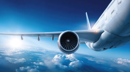 Wide Angle View of Commercial Jet Airplane Flying High in Sky with Clouds and Sunlight.
