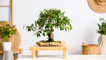 A serene minimalist eco interior centered around a bonsai plant on a wooden shelf, with natural, organic materials and wood textures, softly lit by daylight to evoke calm, balance, and serene atmosphe