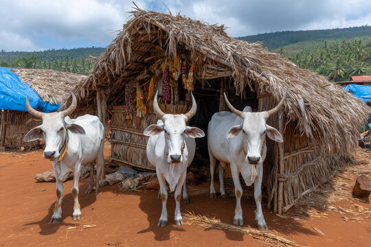 two white cows standing in front of a hut with straw roof and straw walls and straw straw roof and straw straw roof