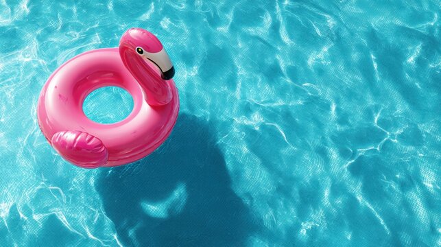 Bright pink flamingo shaped inflatable pool float on clear blue water background.
