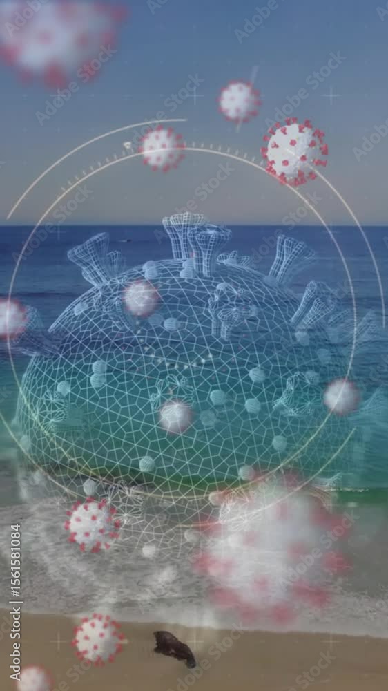 Poster digital composite video of scope scanning covid-19 cells against beach in background
