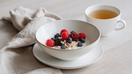 Fresh mixed berry oatmeal in a white bowl with a cup of tea on wooden table.