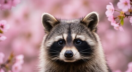 Obraz premium Portrait of a raccoon with striking facial markings amidst blooming cherry blossoms