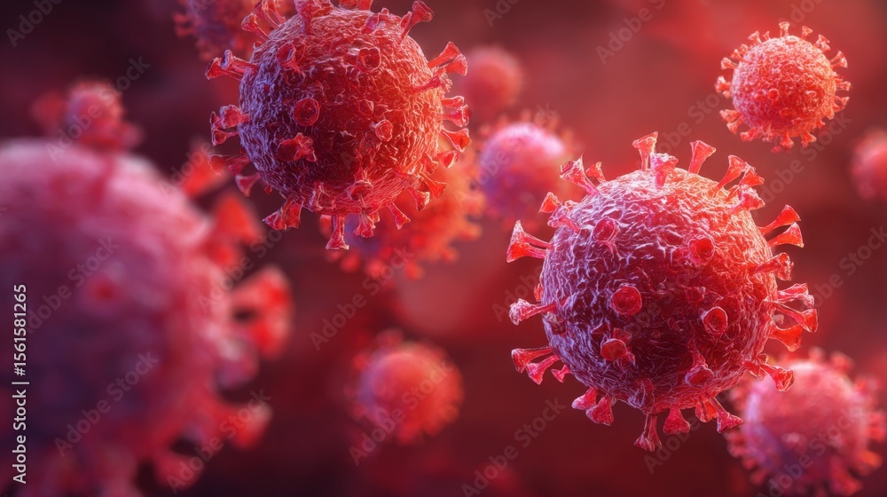 Poster highly detailed microscopic view of multiple red and purple virus particles floating in a biological