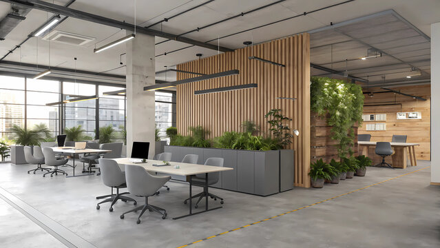 Modern office space design with plants and natural light for a collaborative work environment concept