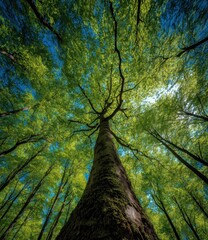 Fototapeta premium Lush forest canopy, upward view