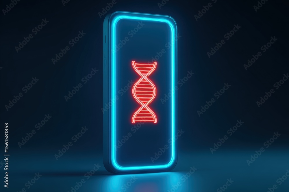 Poster futuristic smartphone with glowing dna helix symbol illuminated on screen in dark setting.