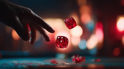 Close-up of red dice in mid-air during a game involving a hand and colorful blurred background.