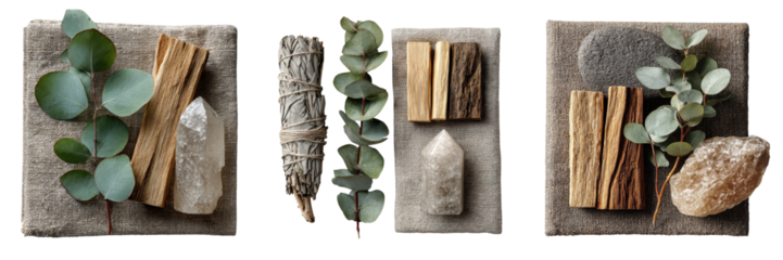 Sage Smudge Cleansing Kit with eucalyptus, palo santo, and raw crystals in a minimalist botanical flat lay for healing rituals and energy purification

