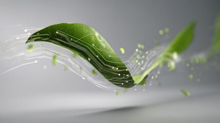 futuristic green leaf with digital circuitry symbols and glowing effects representing technology innovation and ecological connectivity.