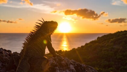 Iguana basks at sunset seascape vista