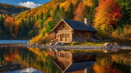 Autumn Mountain Reflections with Cozy Log Cabin by the Shore