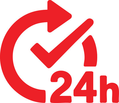 Red 24 Hour Service Icon With Check Mark And Circular Arrow Symbol Representing Day And Night Availability On White Background

