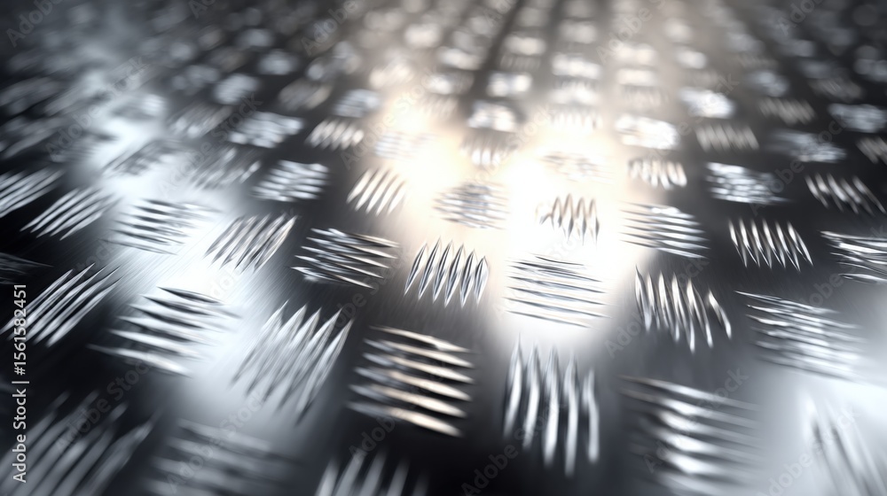 Poster close up of textured metallic surface with reflective reflective patterns and light reflections.