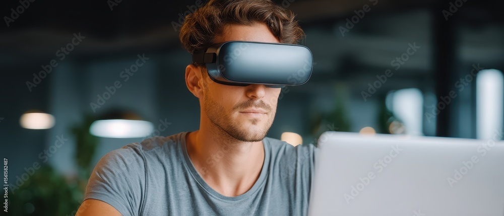 Poster a man using virtual reality goggles while working on a laptop in a modern setting.