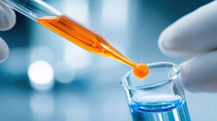 Laboratory Technician Using Pipette to Transfer Orange Liquid Into Test Tube in Science Lab.