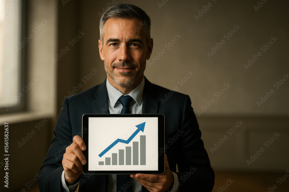 Poster confident businessman holding tablet displaying growth graph, symbolizing success and progress in pr