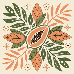Illustration of a halved papaya surrounded by green and orange leaves on a beige background
