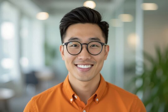 Smiling asian man with glasses and an orange shirt in a bright office environment
