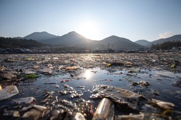 Naklejka premium Plastic waste litters a waterfront